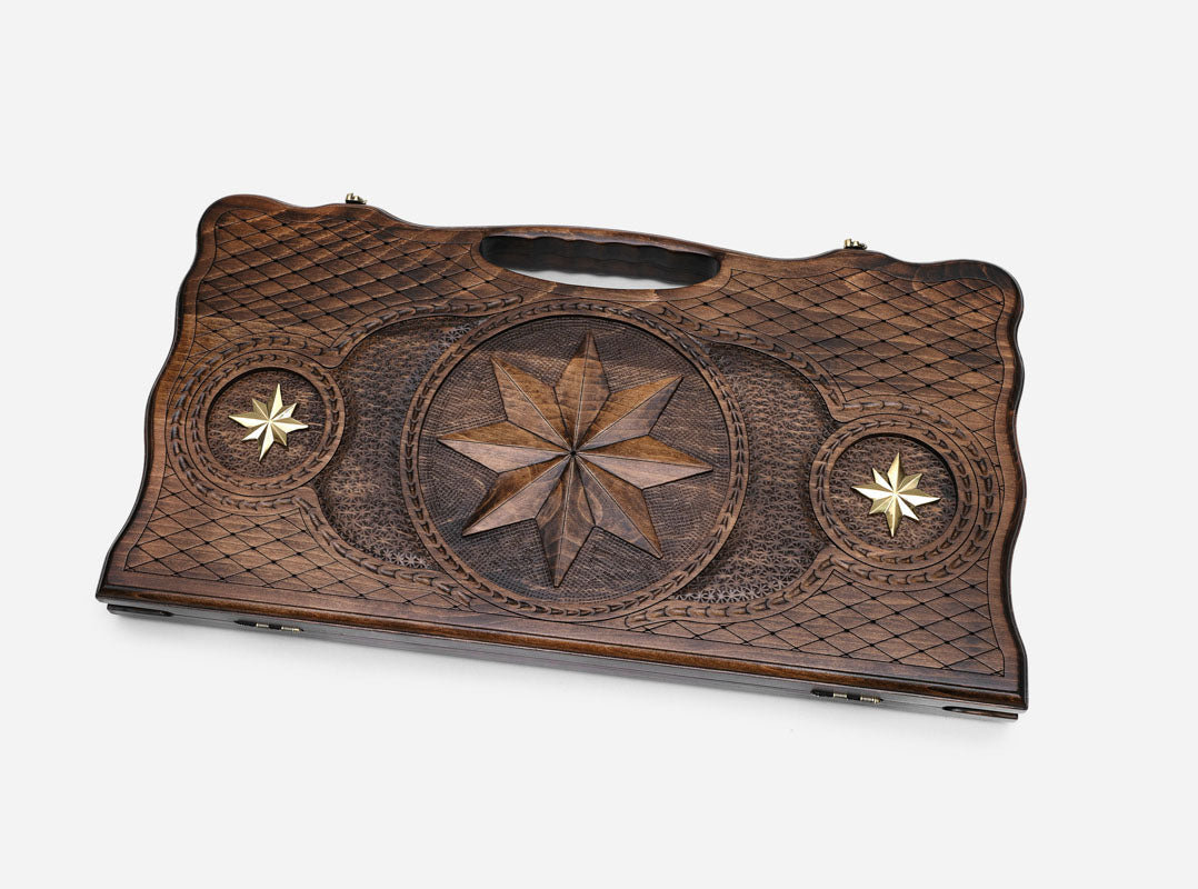 Angled view of the octagon bronze backgammon board