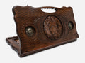 Carved beechwood backgammon board with a lion and bronze lions, with a carry handle, propped open