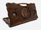 Carved beechwood backgammon board with a lion and bronze lions, with a carry handle, propped open