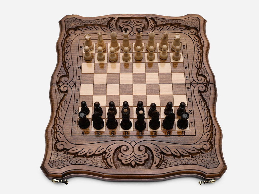Compact ornament chess set shown folded