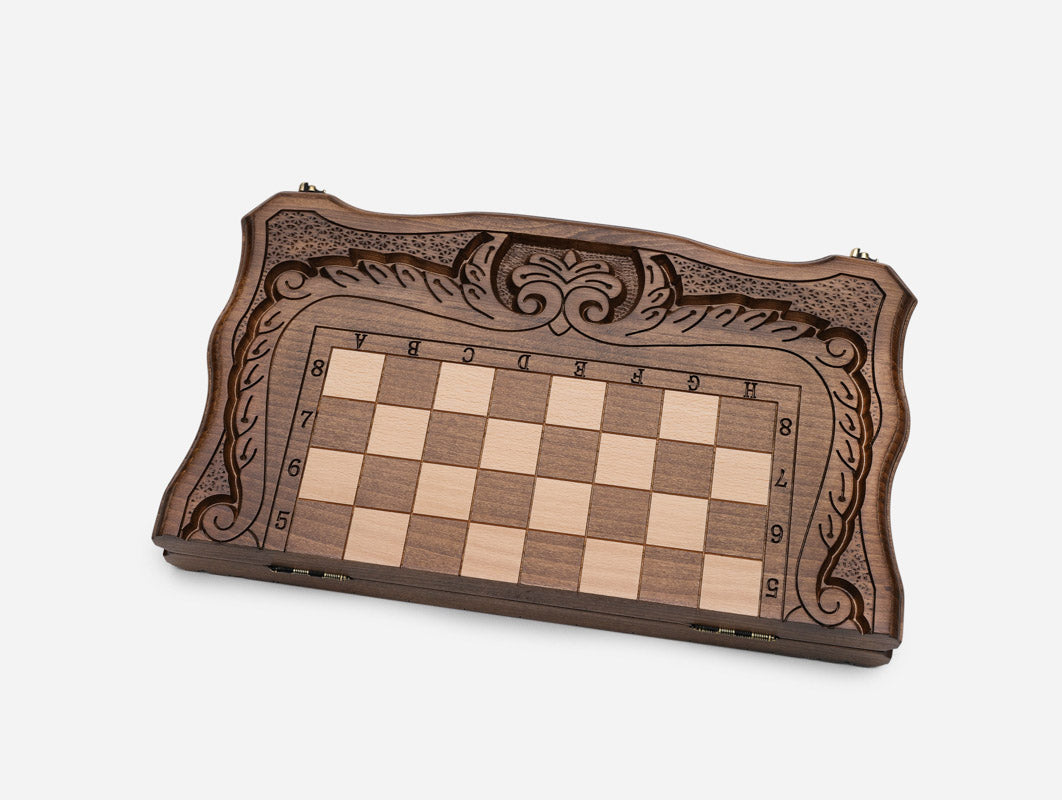 Handmade carved chess set, angled view