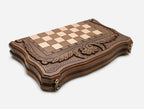 Floral carving detail on the beech chess board