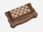 Hand-carved chess set, angled view
