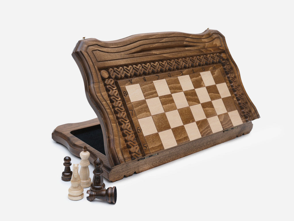 Handmade chess set with carved floral ornaments
