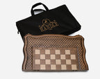 The chess set closed with its black carrying bag