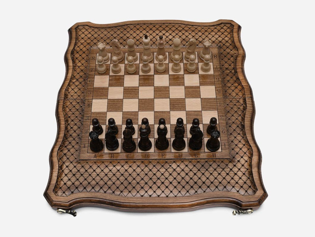 The board open flat with all 32 wooden pieces set up for a new game, seen from above