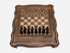 The board open flat with all 32 wooden pieces set up for a new game, seen from above