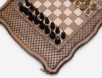 Close-up of the carved board coordinates and the dark walnut pieces