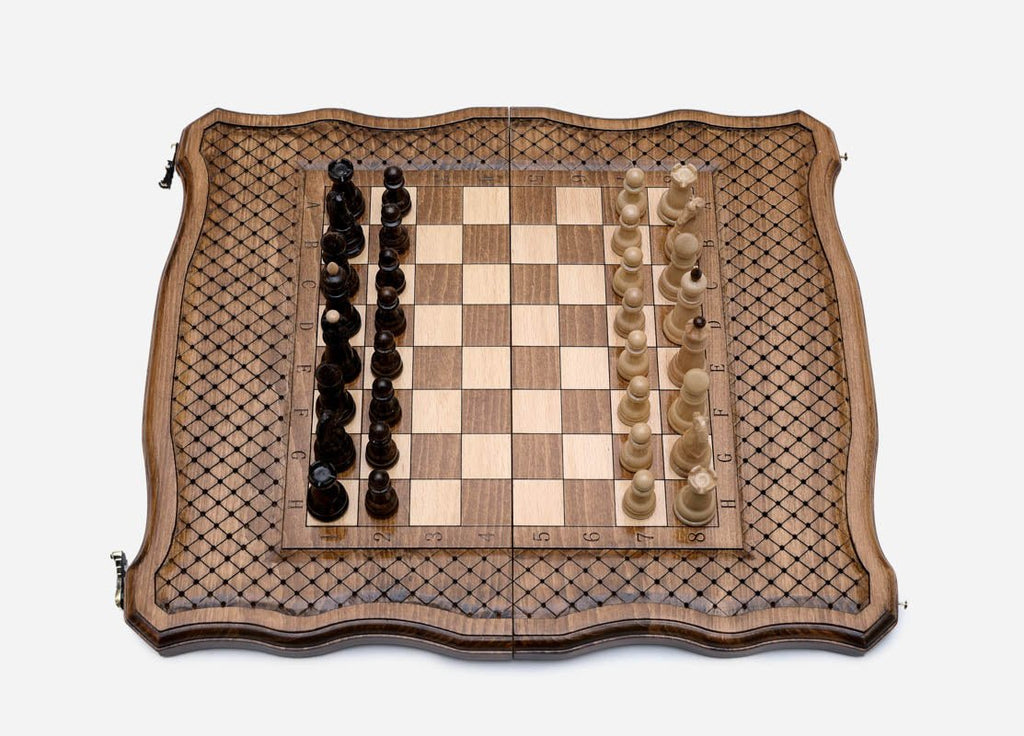 The board open flat with the pieces in starting position, angled top view