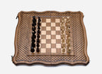 The board open flat with the pieces in starting position, angled top view