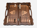 Angled view of the luxury Armenian backgammon set showing the bronze centrepiece