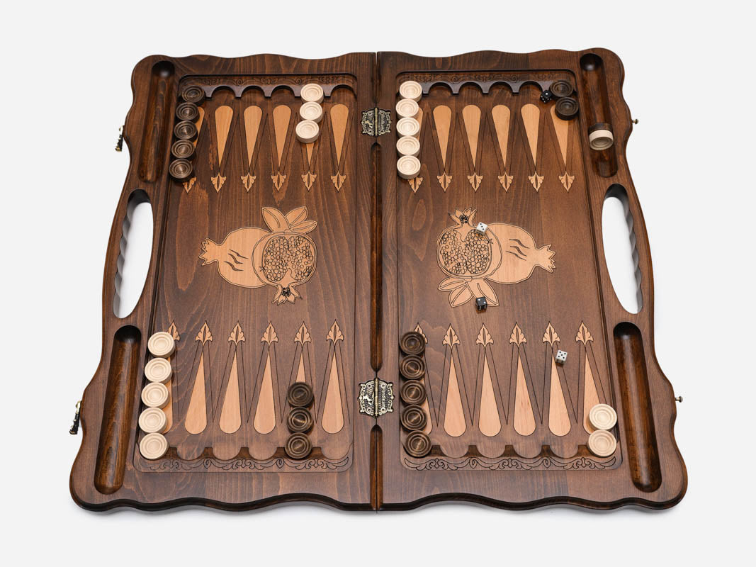 Angled view of the luxury Armenian backgammon set showing the bronze centrepiece