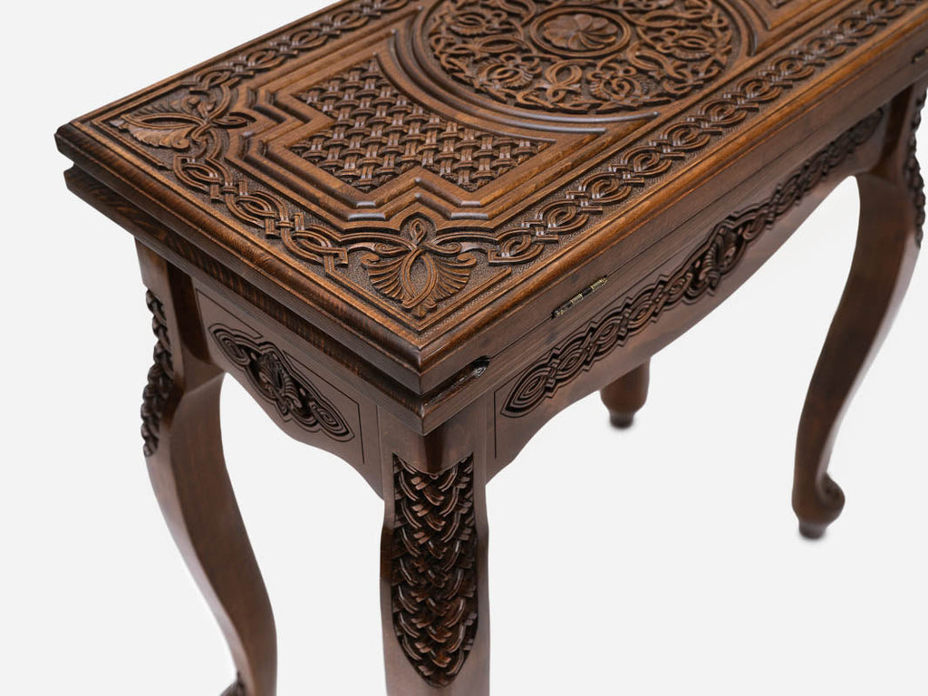 Central ornament backgammon table set up for play, angled view