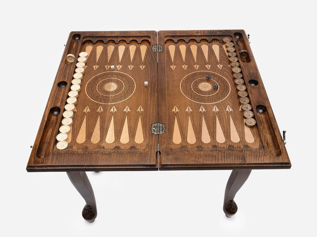 Central ornament backgammon table closed, front elevation view