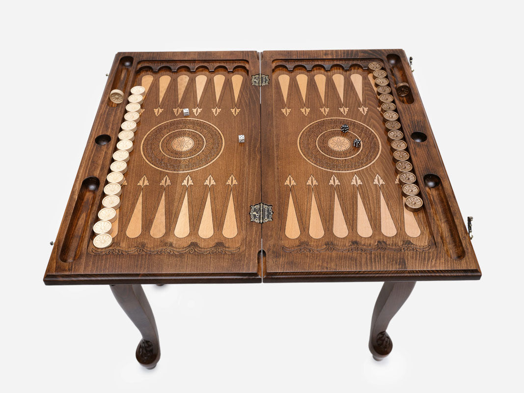 Central ornament backgammon table closed, front elevation view