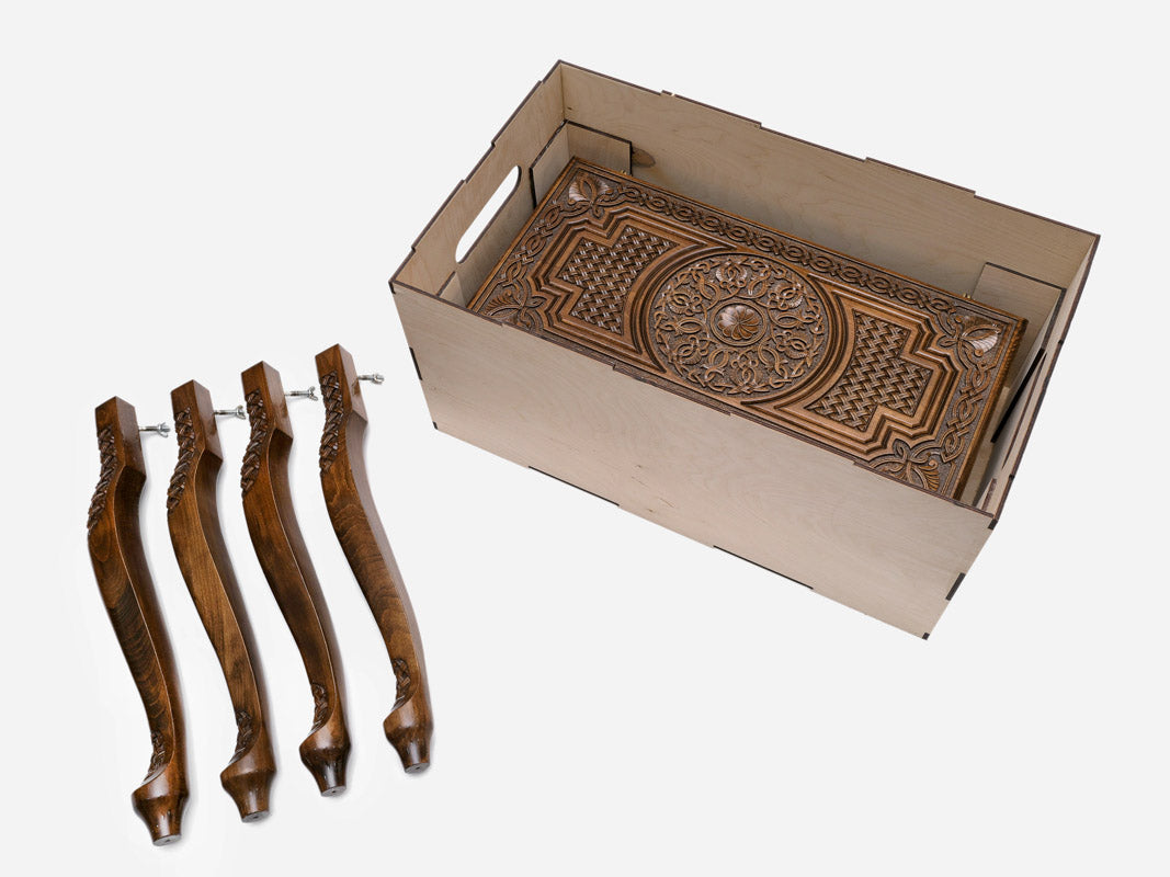 Central ornament backgammon table disassembled in its shipping crate