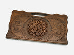 Angled view of the handmade Armenian backgammon set showing the carved lid