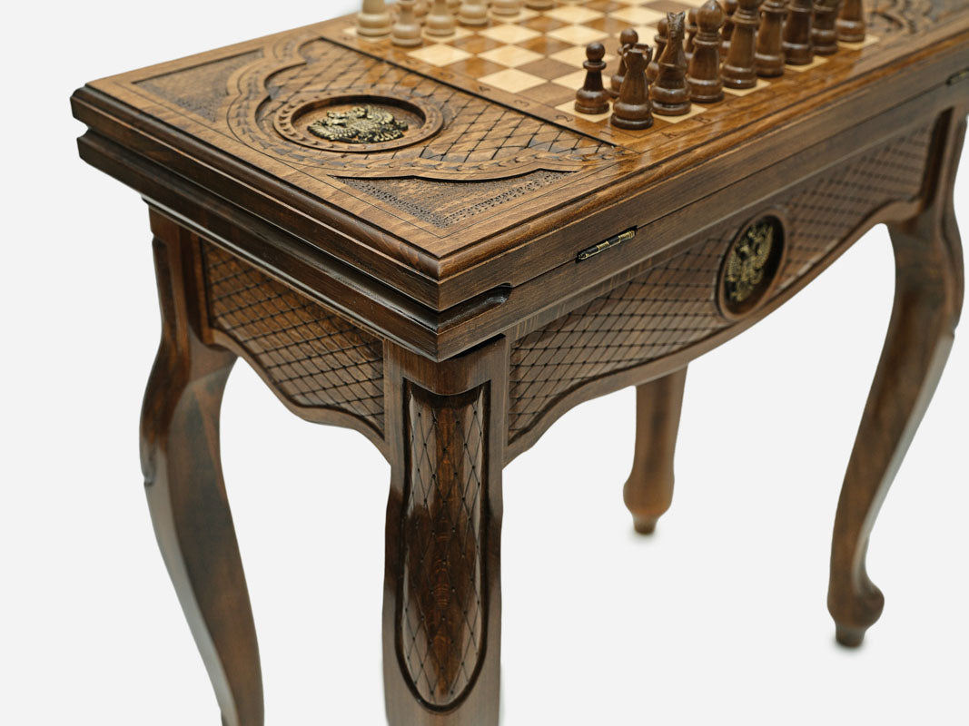 Close-up of the Russian coat of arms on the backgammon playing field