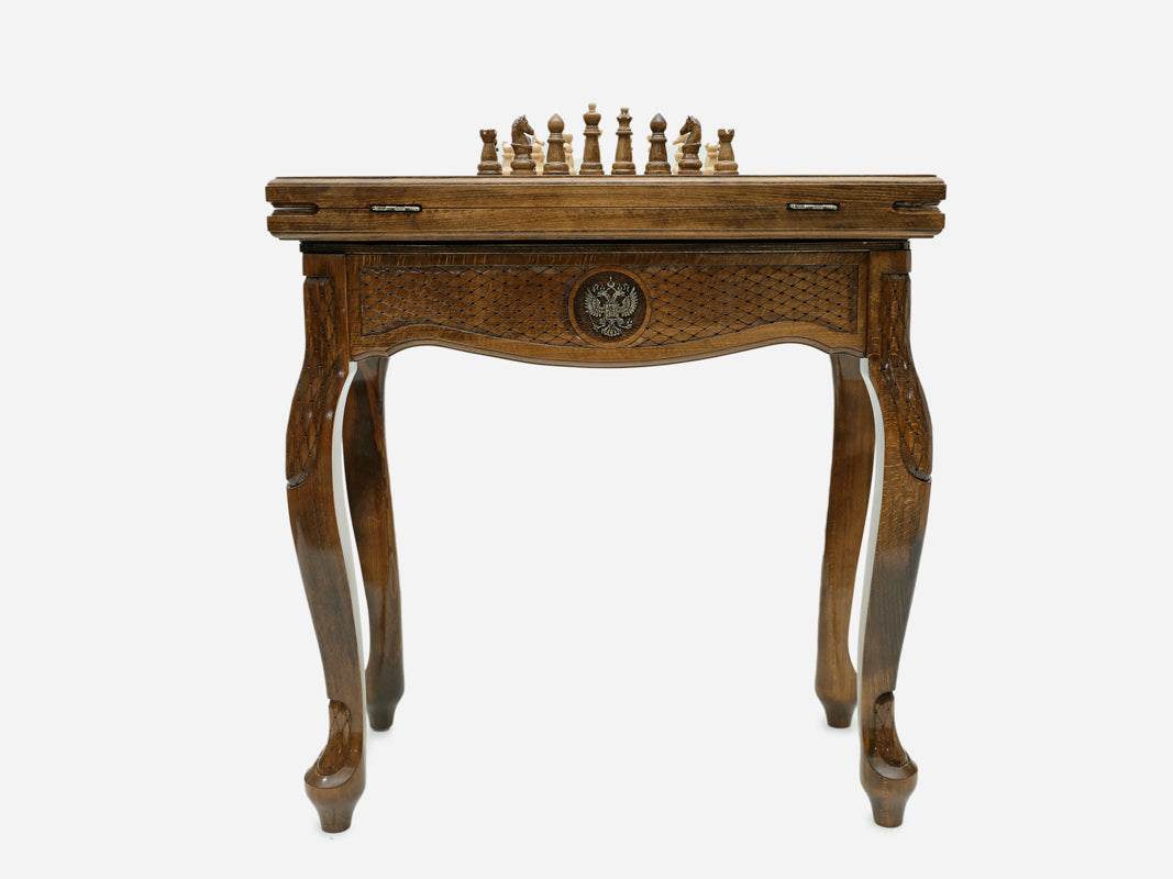Russian coat of arms table opened flat for backgammon with checkers set up, top-down view