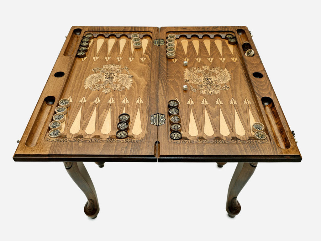 Russian coat of arms chess and backgammon table set up for chess, straight front view
