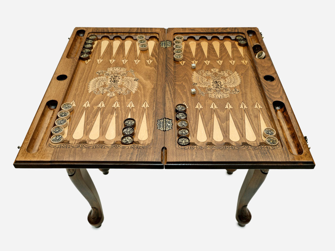 Russian coat of arms chess and backgammon table set up for chess, straight front view