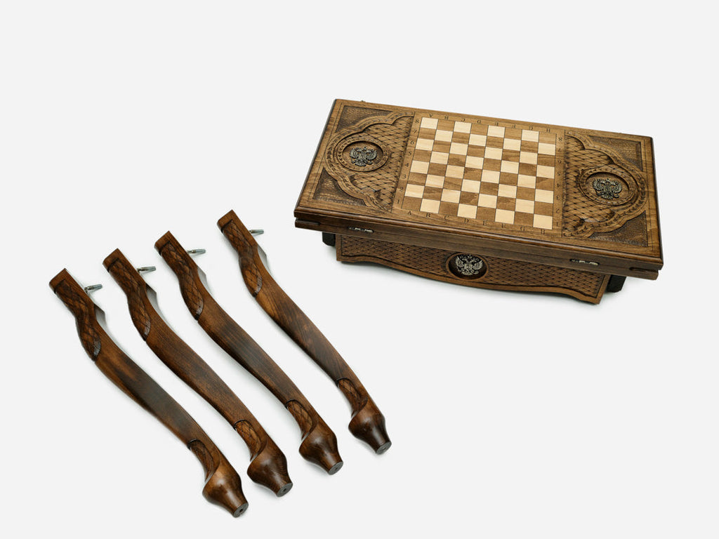 Russian coat of arms chess and backgammon table disassembled in its shipping crate