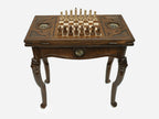 Lion chess and backgammon table closed, front view showing the drawer and lion legs