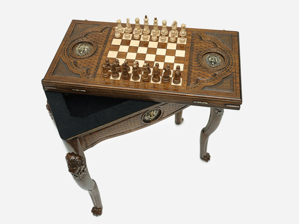 Lion table opening to reveal the backgammon compartment