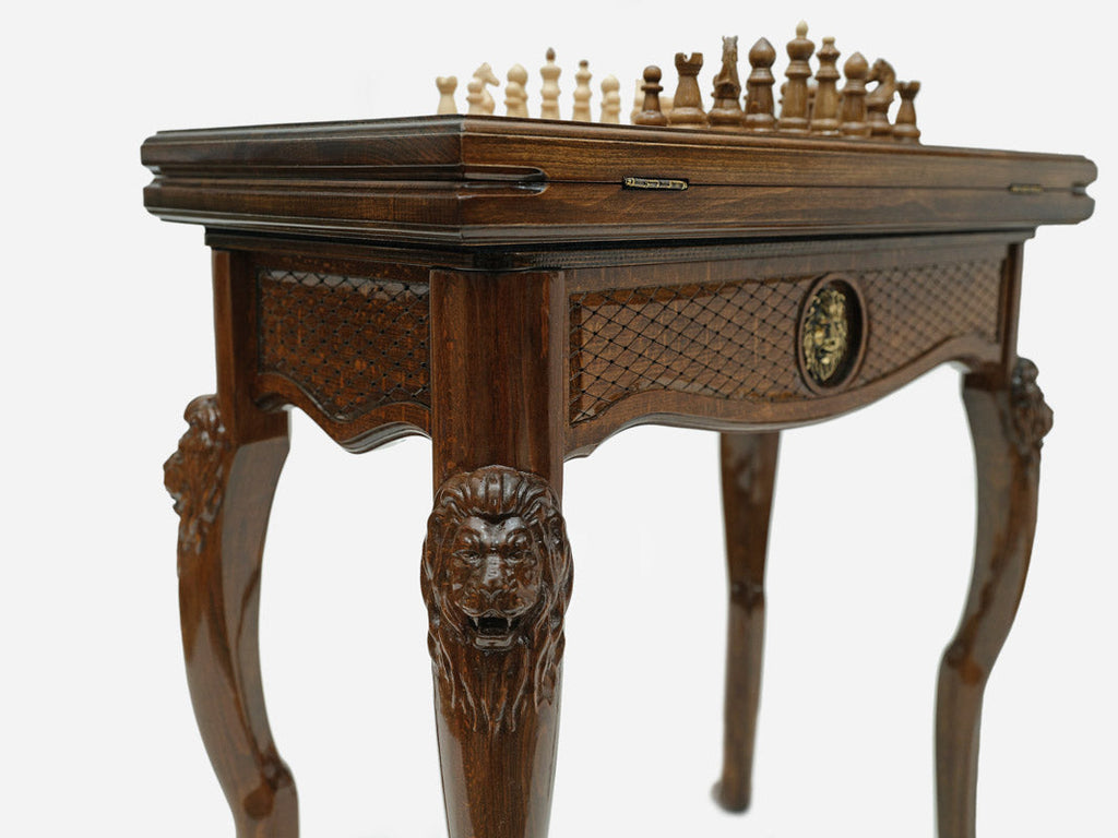 Lion table opened flat for backgammon with checkers set up, top-down view