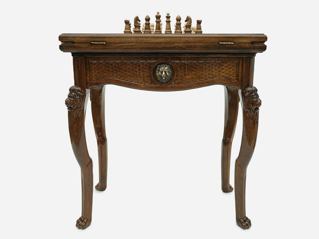 Lion chess and backgammon table with chess pieces set up, front view