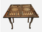 Lion chess and backgammon table set up for chess, straight front view