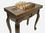 Tree of Life chess and backgammon table with chess pieces set up, front view