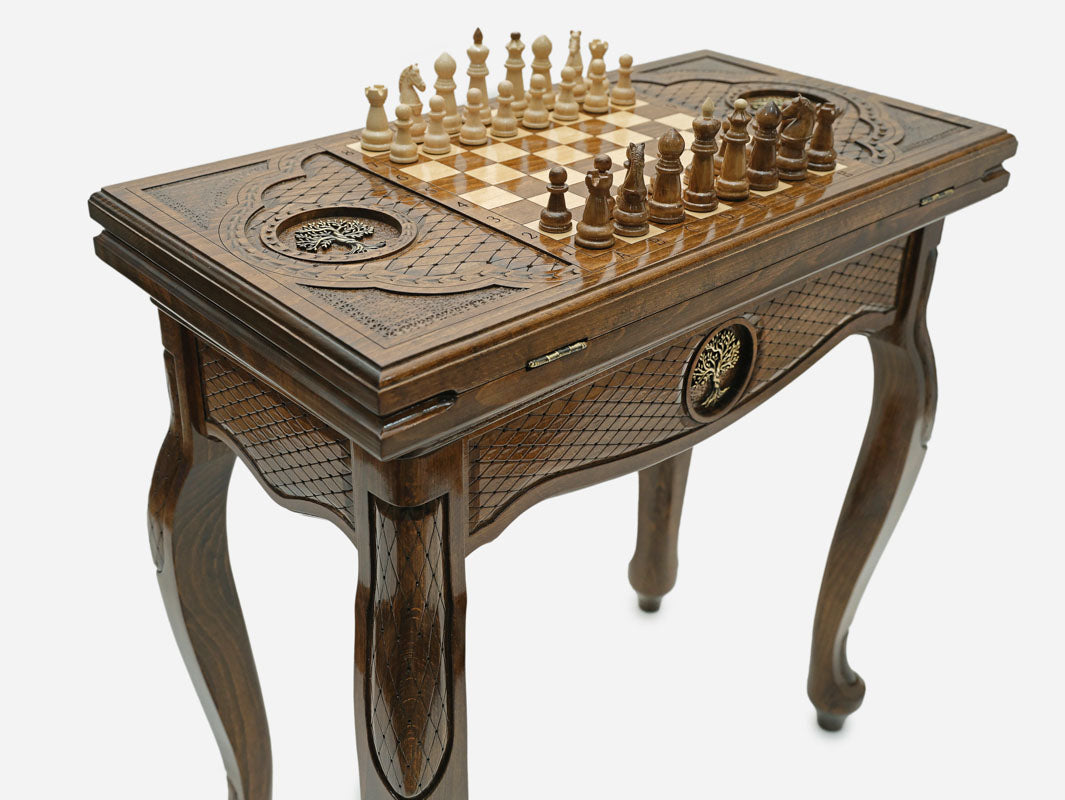 Tree of Life chess and backgammon table with chess pieces set up, front view