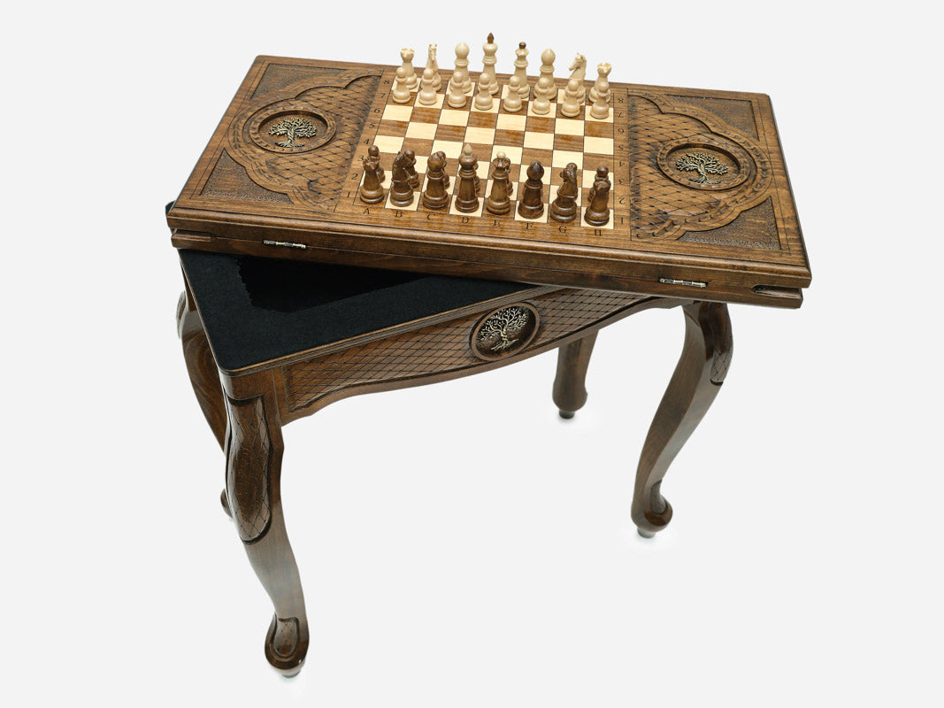 Tree of Life chess and backgammon table closed, front view showing the drawer and legs