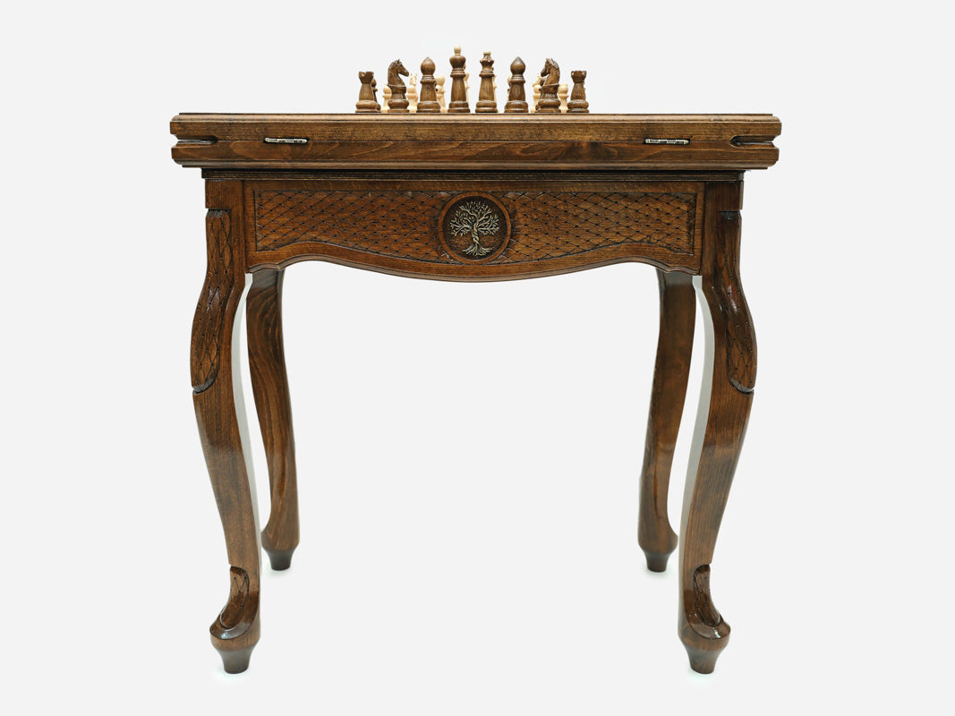 Tree of Life table opened flat for backgammon with checkers set up, top-down view