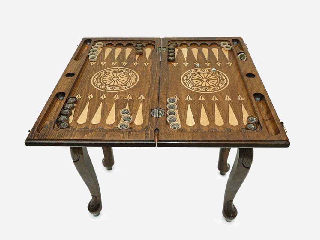 Tree of Life chess and backgammon table set up for chess, straight front view