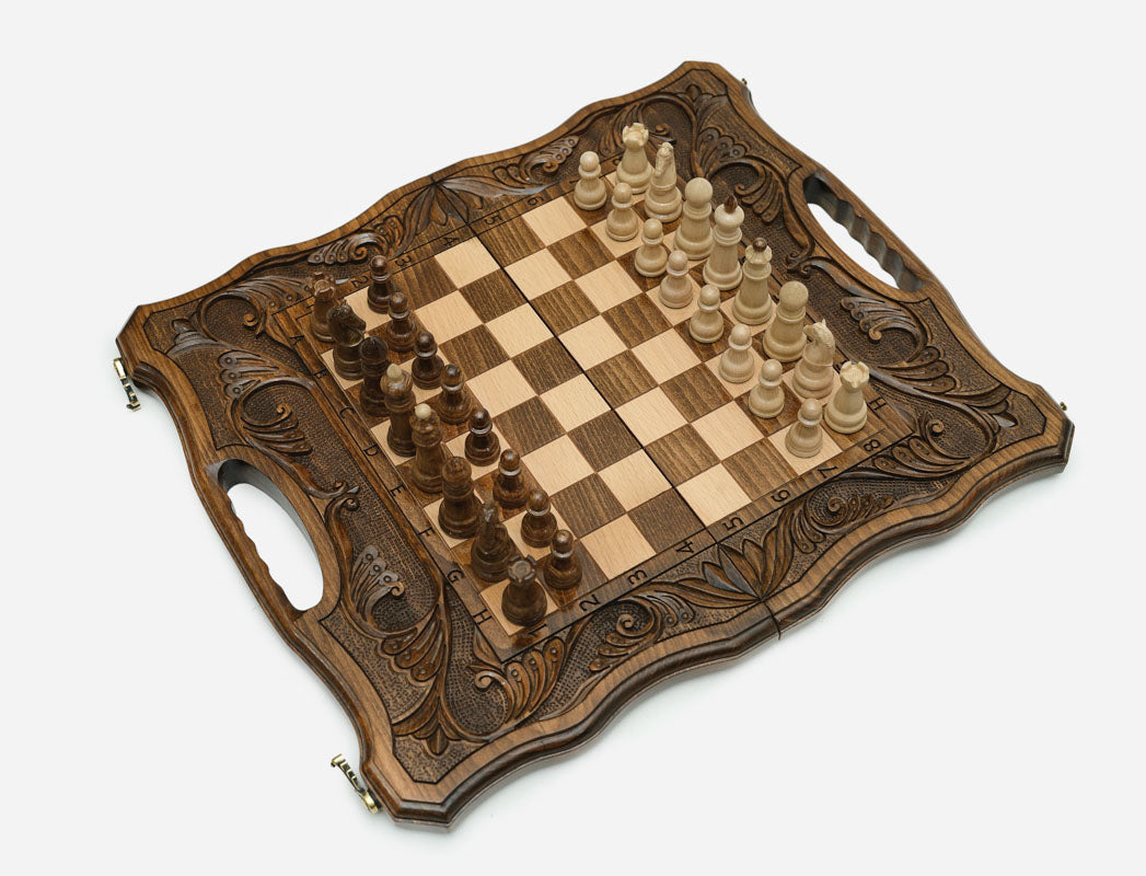 Top-down view of the fully opened board with its deep ornament borders
