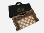 The luxury carved travel chess set shown closed and ready to carry