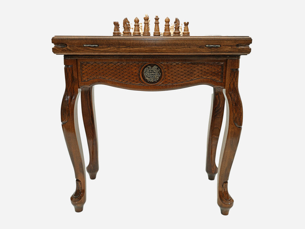 Armenian coat of arms chess and backgammon table disassembled in its shipping crate