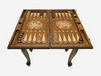 Armenian coat of arms chess and backgammon table set up for chess, straight front view