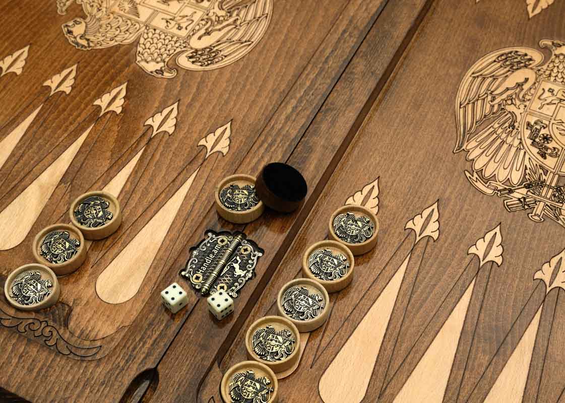 Close-up of the Armenian coat of arms on the backgammon playing field