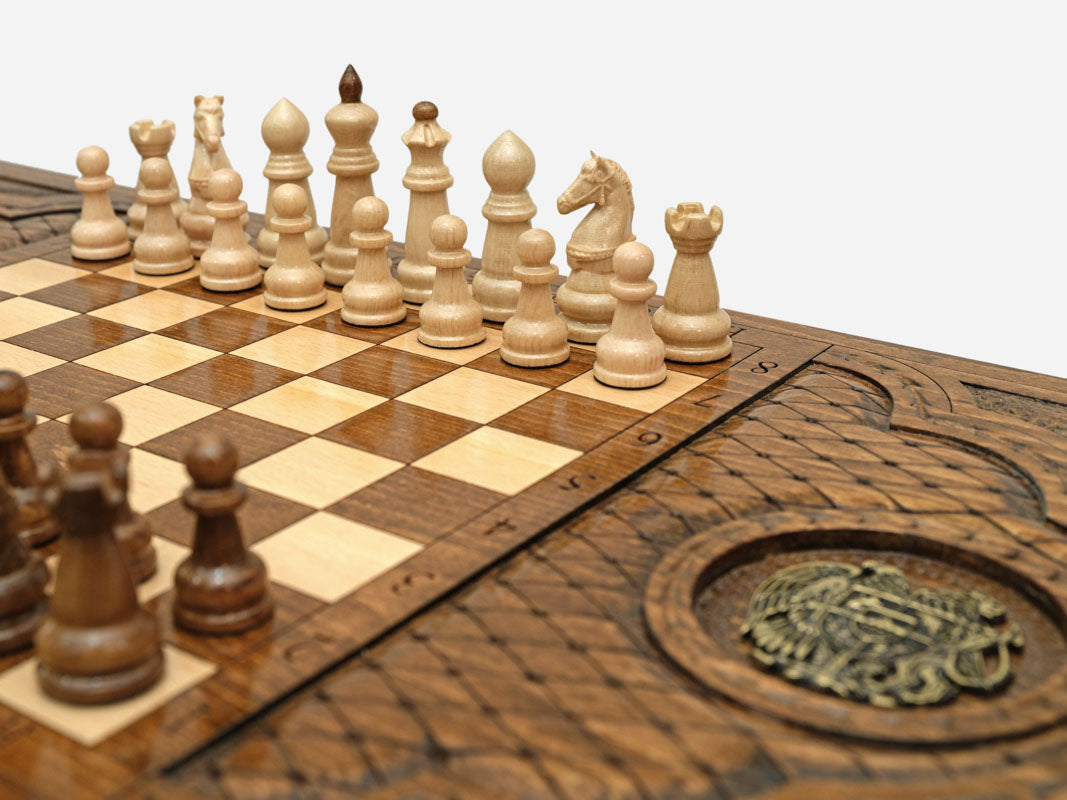 Armenian coat of arms chess and backgammon table closed, front view with the drawer