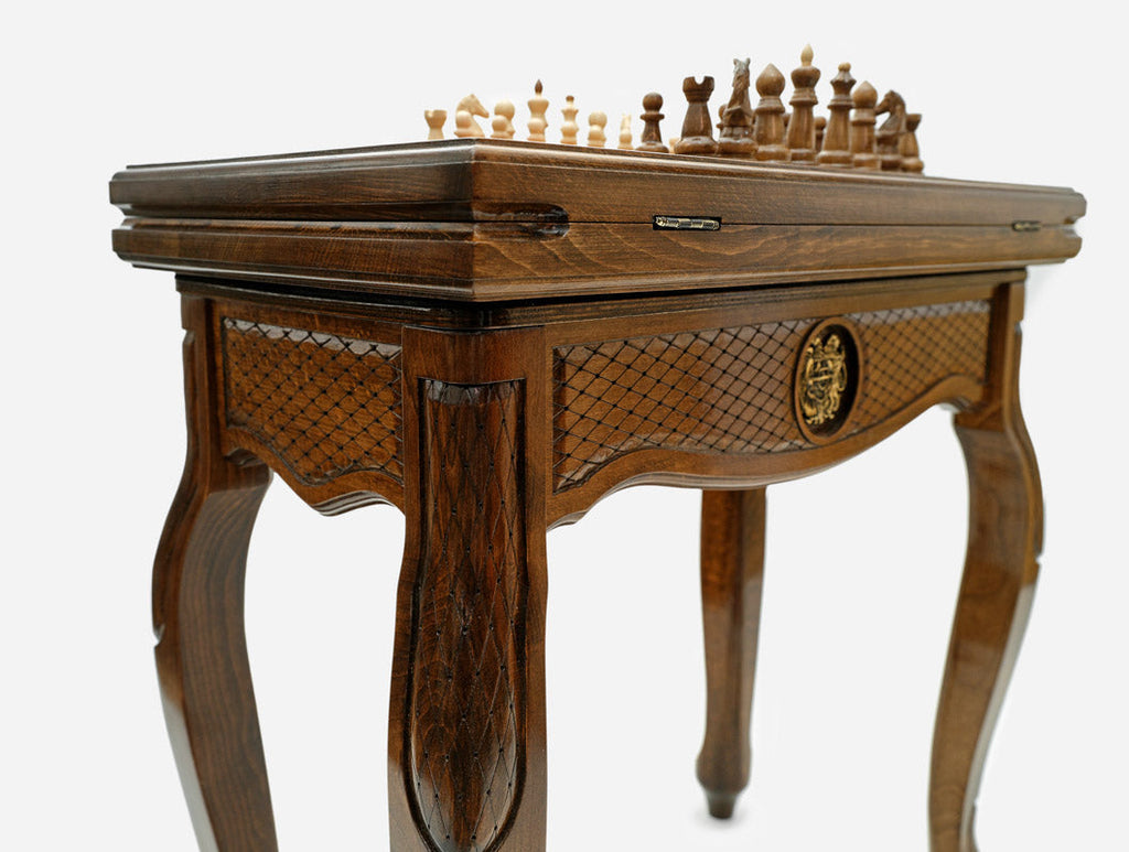 Armenian coat of arms chess and backgammon table with chess pieces set up, front view