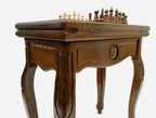 Armenian coat of arms chess and backgammon table with chess pieces set up, front view