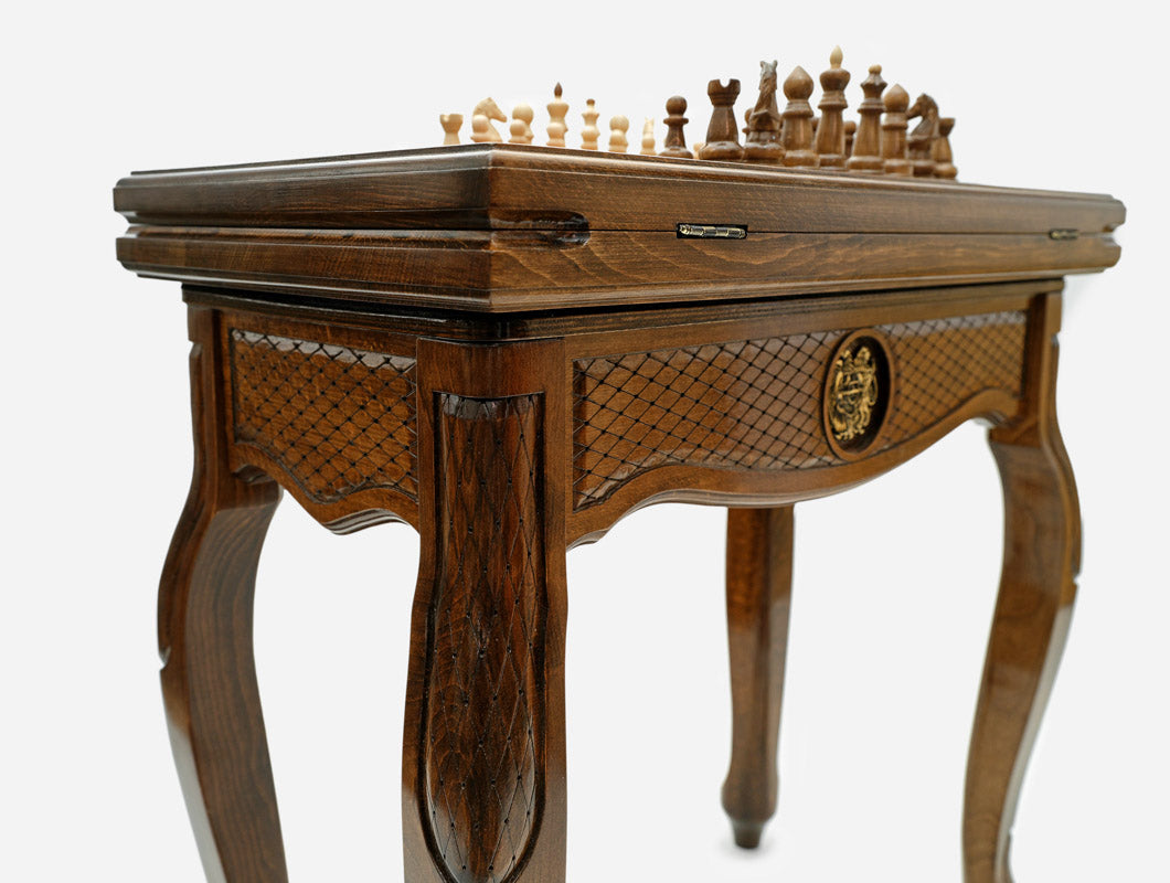Armenian coat of arms chess and backgammon table with chess pieces set up, front view