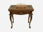 Eagle chess and backgammon table set up for chess, straight front view
