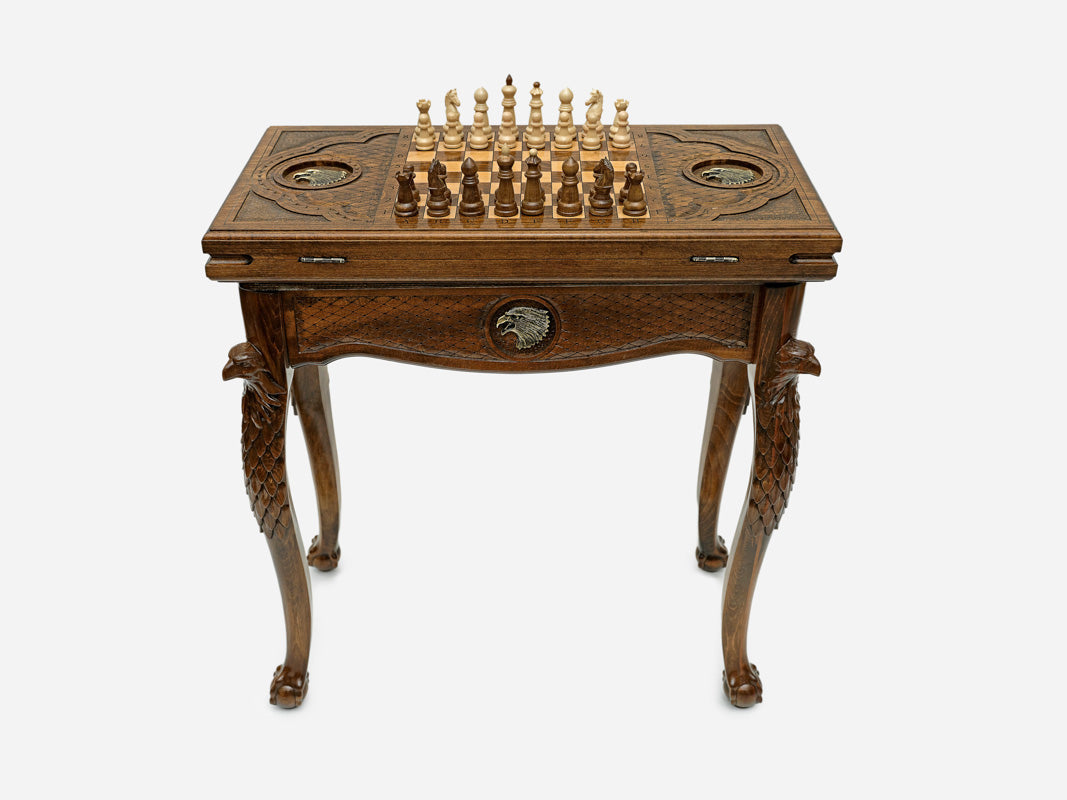 Eagle chess and backgammon table set up for chess, straight front view