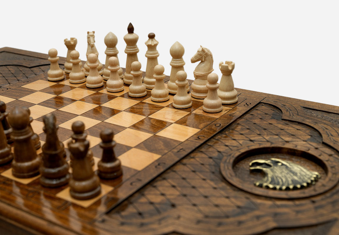 Close-up of the backgammon playing field on the eagle table