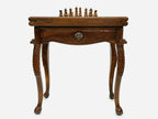 Eagle chess and backgammon table with chess pieces set up, front view