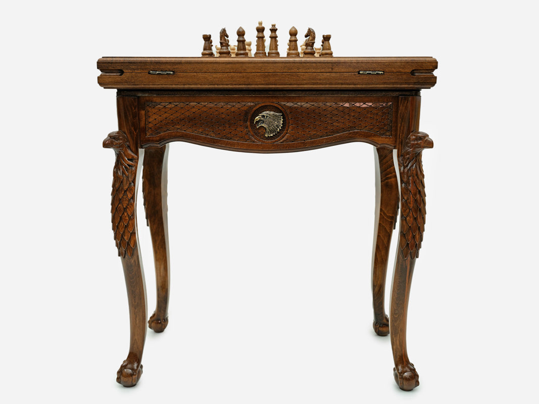 Eagle chess and backgammon table with chess pieces set up, front view